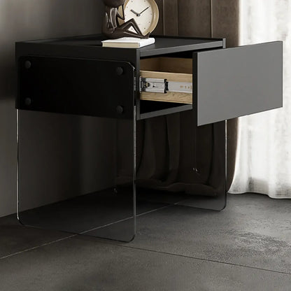 Modern Black Wood Nightstand with Glass Legs Drawer Storage