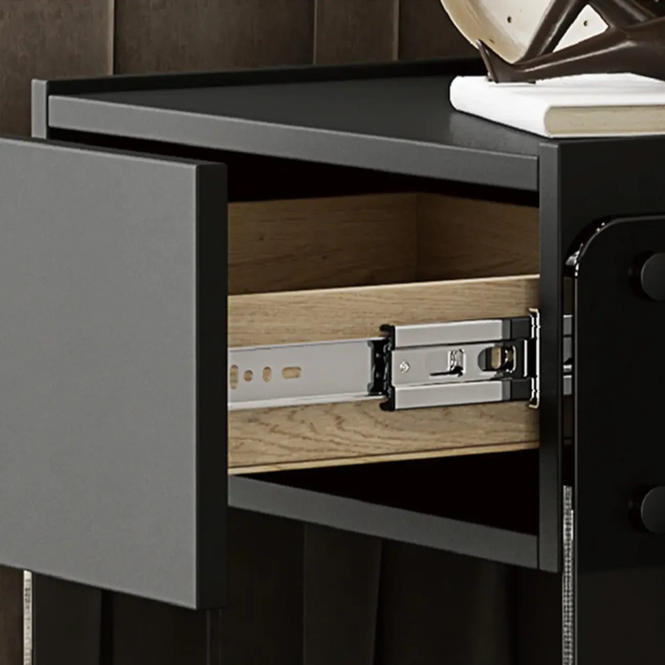Modern Black Wood Nightstand with Glass Legs Drawer Storage