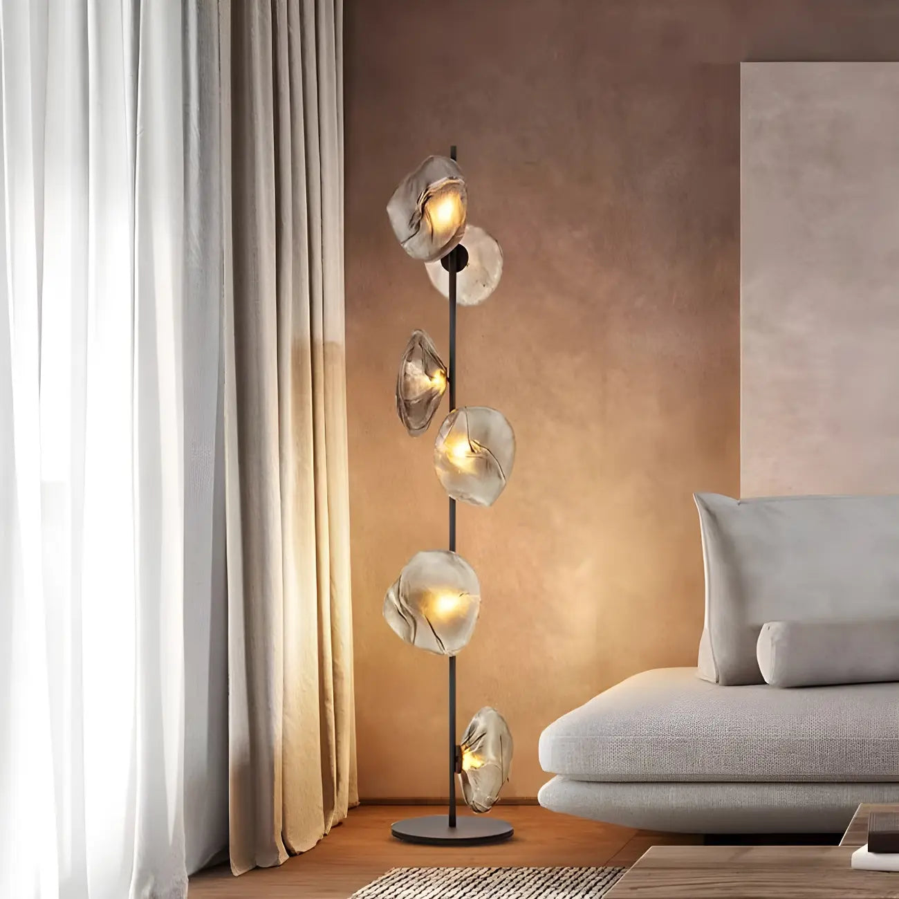 Art Deco 6-Light Clear Glass Geometric Floor Lamp in Black/Gold