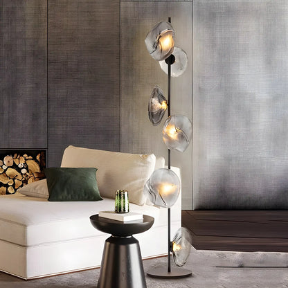 Art Deco 6-Light Clear Glass Geometric Floor Lamp in Black/Gold