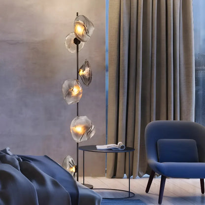 Art Deco 6-Light Clear Glass Geometric Floor Lamp in Black/Gold