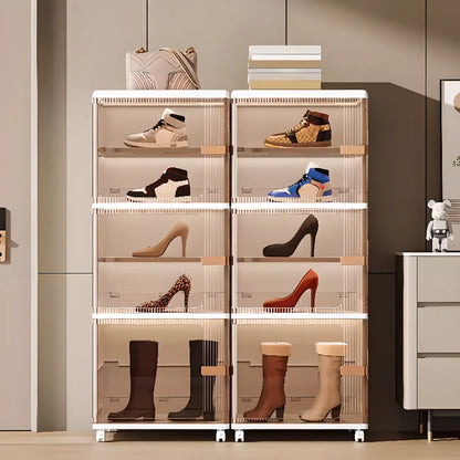 Glam White Plastic Adjustable Shoe Cabinet on Wheels