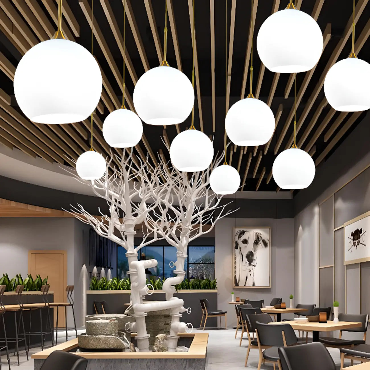 Nordic Milky Glass Globe Hanging LED Lamp for Restaurant