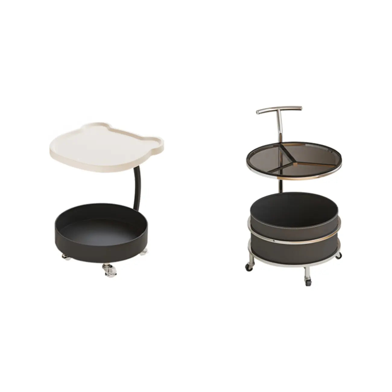 Vintage Round Side Table with Wheels and Storage