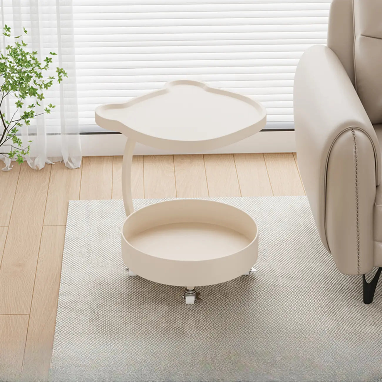Vintage Round Side Table with Wheels and Storage