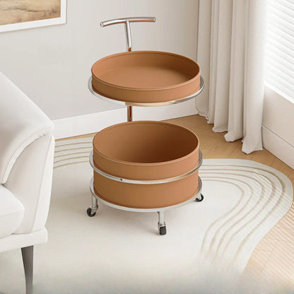 Vintage Round Side Table with Wheels and Storage