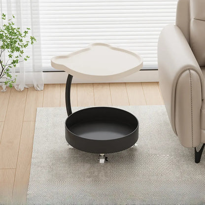 Vintage Round Side Table with Wheels and Storage