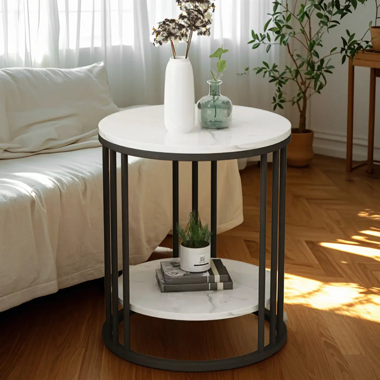 Modern Gold Metal Round 2 Tiers Side Table for Living Room