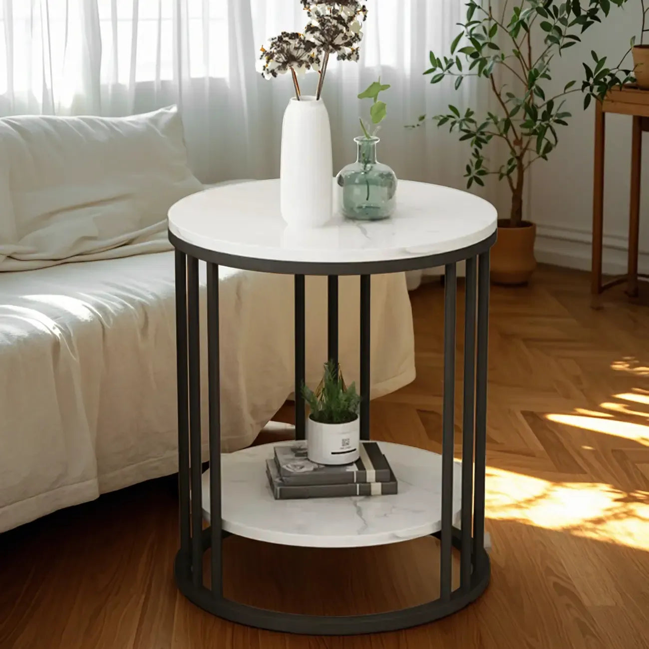 Modern Gold Metal Round 2 Tiers Side Table for Living Room