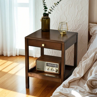 Retro Wooden Brown Side Table with Drawer for Bedroom