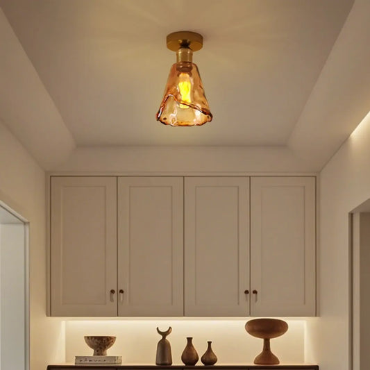 Modern Brass Amber Glass Cone Semi Flush Ceiling Light