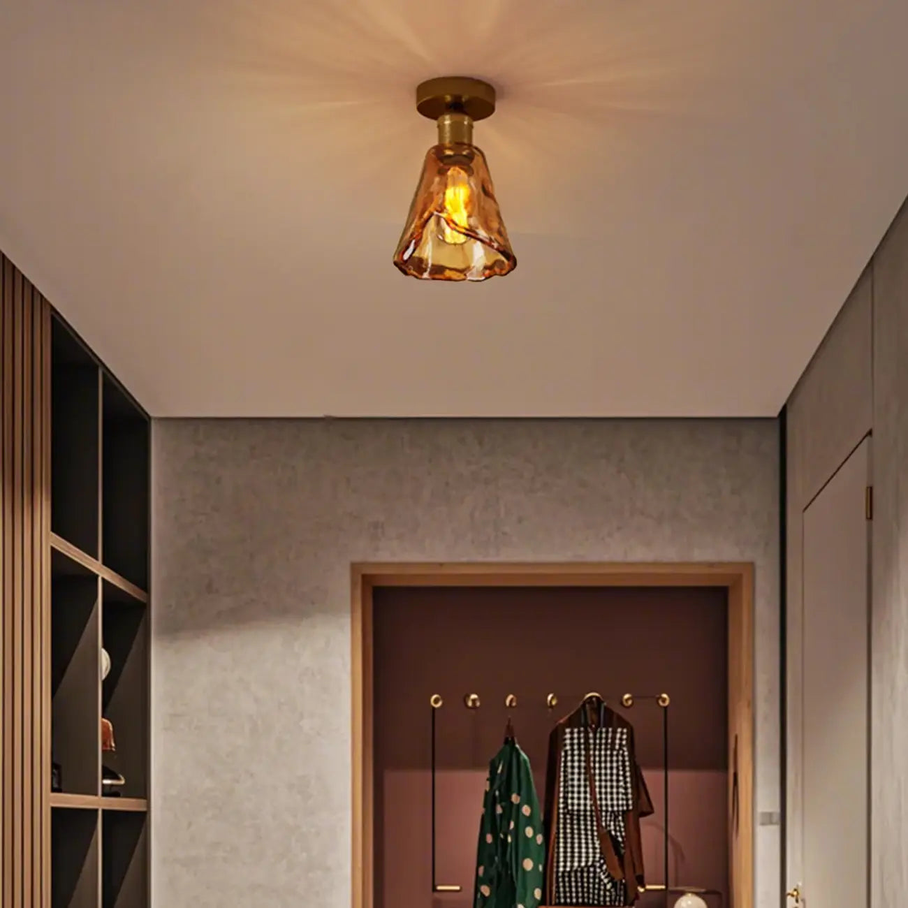 Modern Brass Amber Glass Cone Semi Flush Ceiling Light