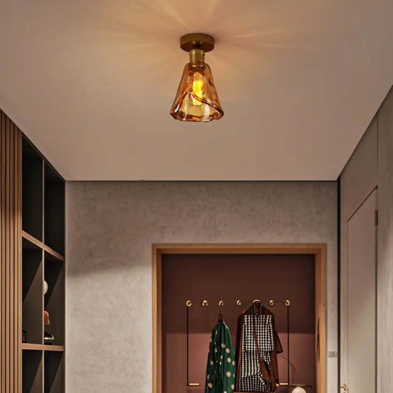 Modern Brass Amber Glass Cone Semi Flush Ceiling Light