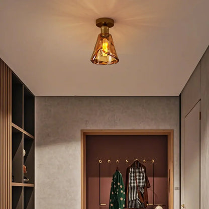 Modern Brass Amber Glass Cone Semi Flush Ceiling Light
