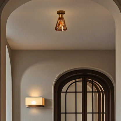 Modern Brass Amber Glass Cone Semi Flush Ceiling Light