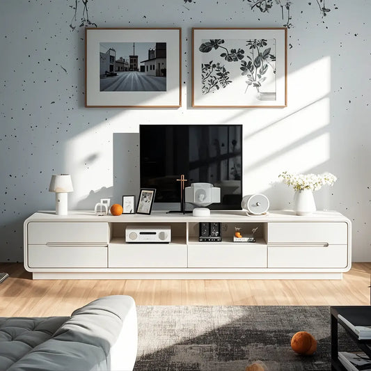 Minimalist White Wooden TV Stand with Open Storage and Drawers