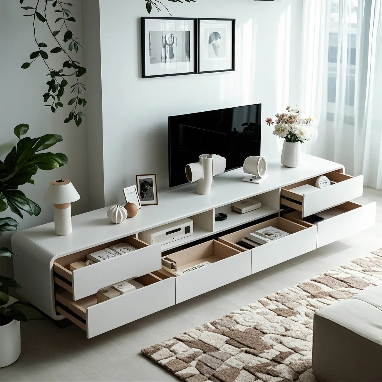 Minimalist White Wooden TV Stand with Open Storage and Drawers