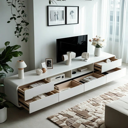 Minimalist White Wooden TV Stand with Open Storage and Drawers