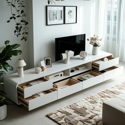 Minimalist White Wooden TV Stand with Open Storage and Drawers