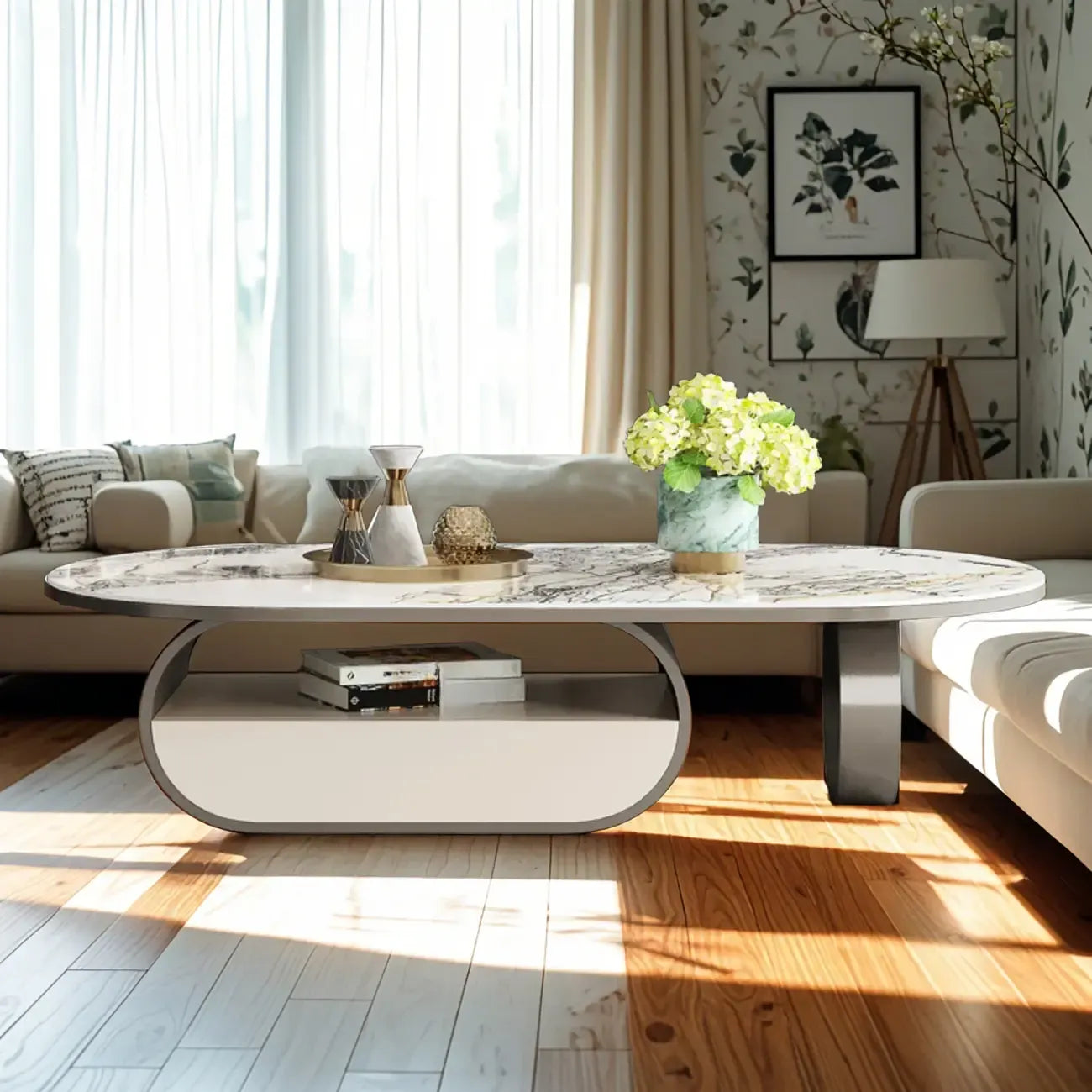 Contemporary Unique Marble Top Oval Coffee Table with Drawer