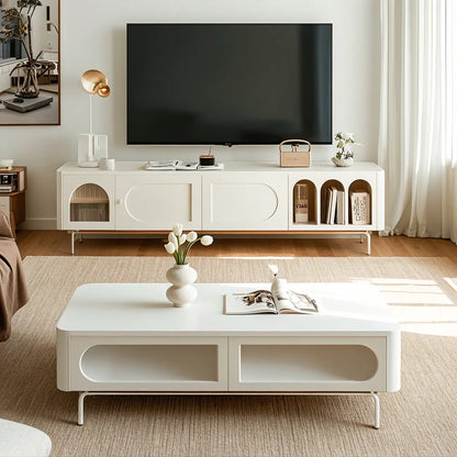 94.5 White Wood Arched Display Niches TV Stand with Cabinets