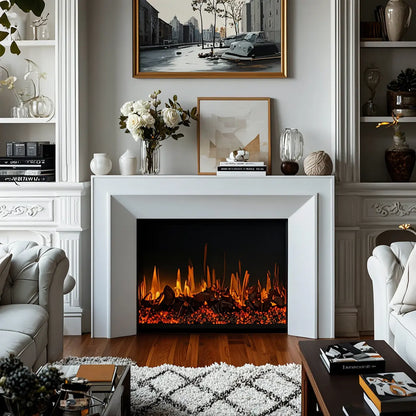 Rectangle White Solid Wood TV Stand with Fireplace & Lights
