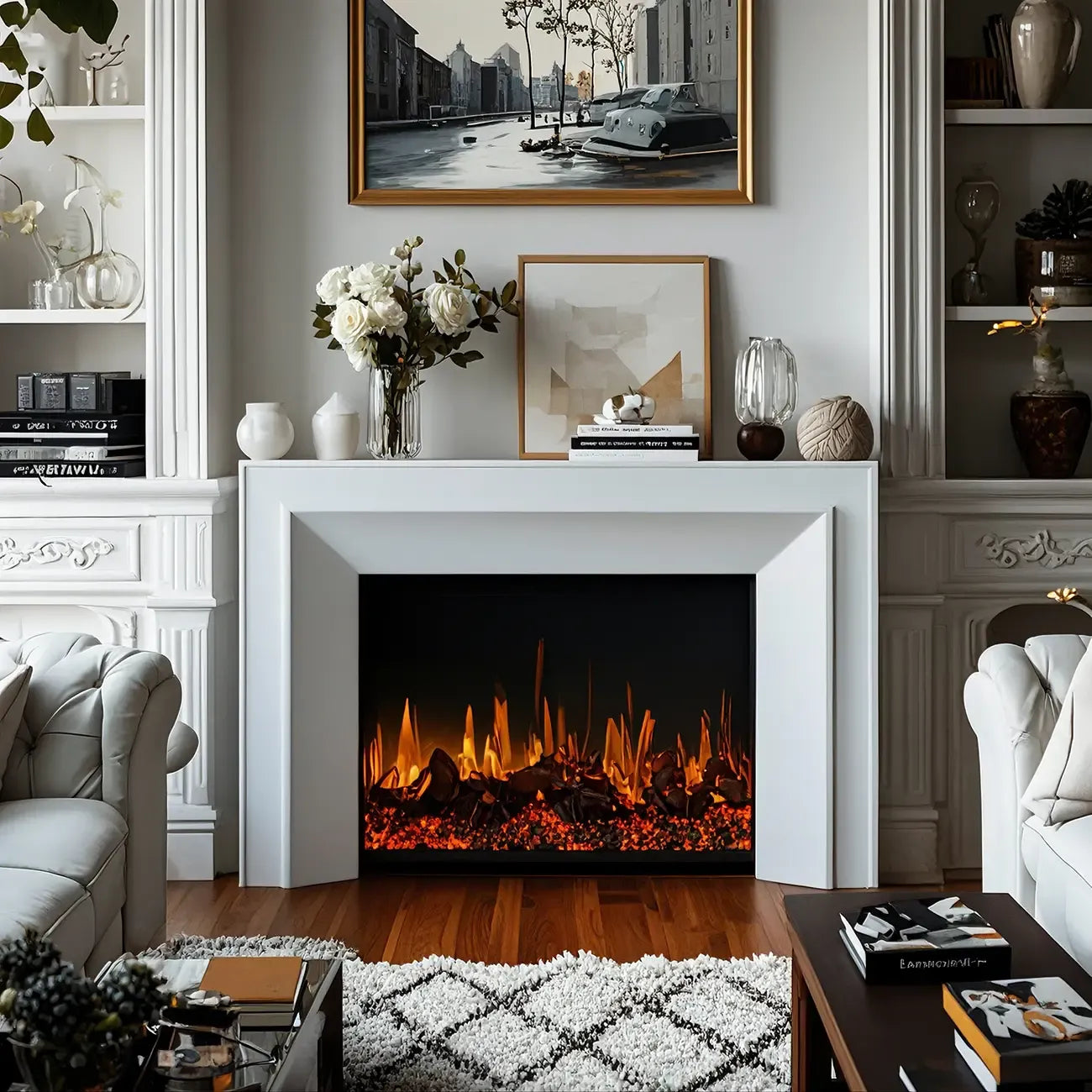 Rectangle White Solid Wood TV Stand with Fireplace & Lights