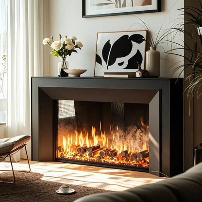 Rectangle White Solid Wood TV Stand with Fireplace & Lights