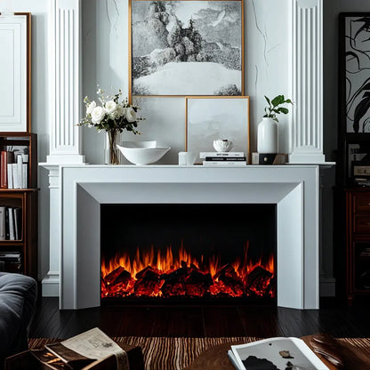 Rectangle White Solid Wood TV Stand with Fireplace & Lights