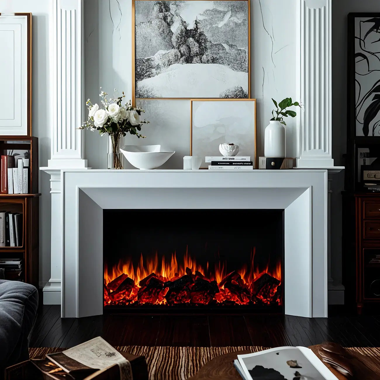 Rectangle White Solid Wood TV Stand with Fireplace & Lights