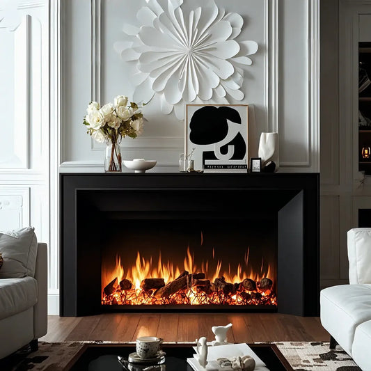 Rectangle White Solid Wood TV Stand with Fireplace & Lights