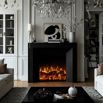 Rectangle White Solid Wood TV Stand with Fireplace & Lights