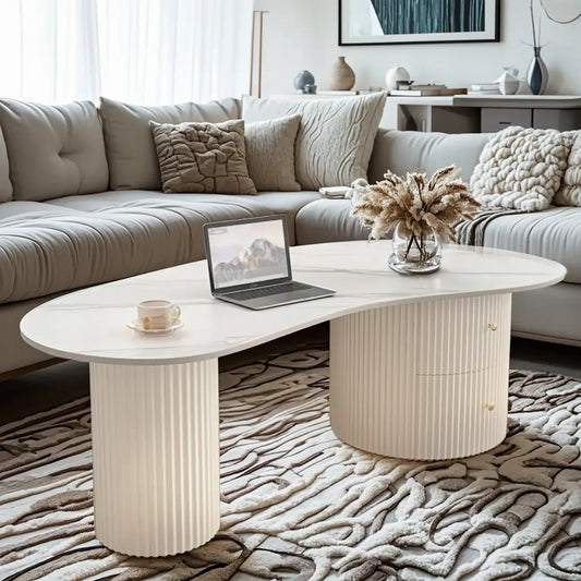 Minimalist Standard White Oval Coffee Table with 2 Drawers