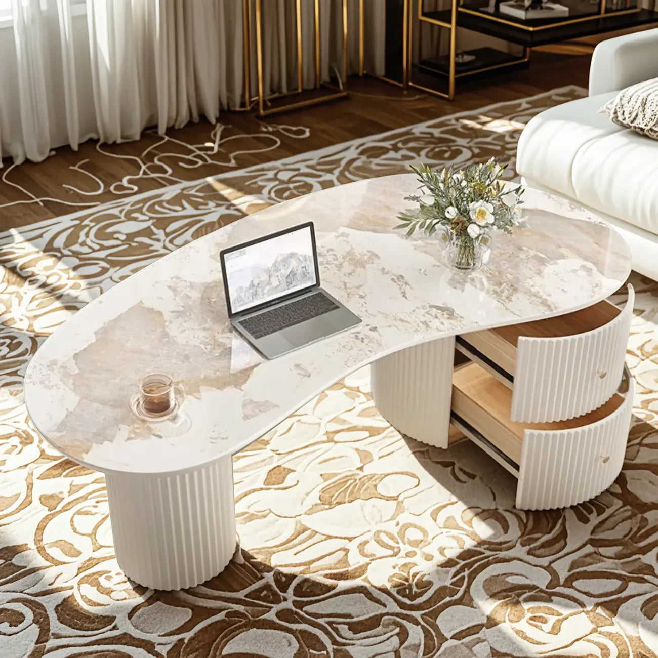 Minimalist Standard White Oval Coffee Table with 2 Drawers