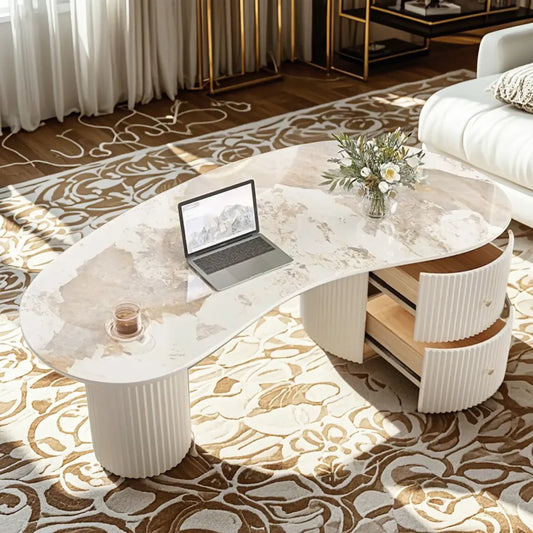 Minimalist Standard White Oval Coffee Table with 2 Drawers