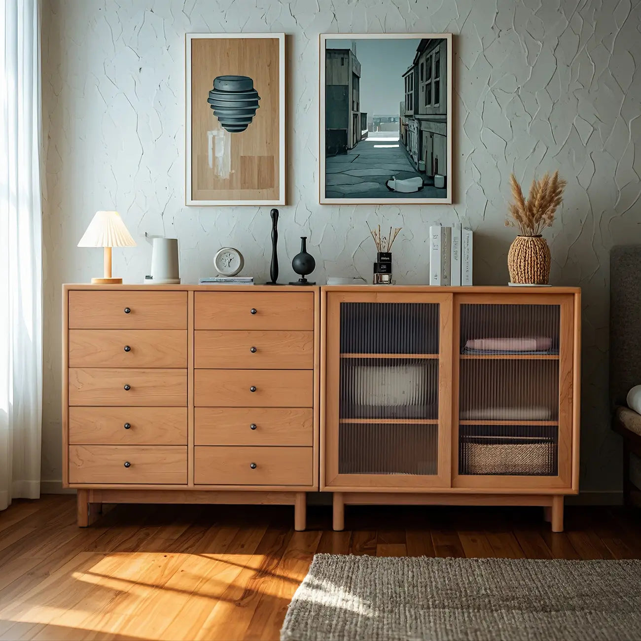 Scandinavian Natural Finish Cherry Wood Bachelor Chest with Shelves