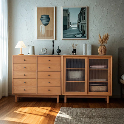 Scandinavian Natural Finish Cherry Wood Bachelor Chest with Shelves