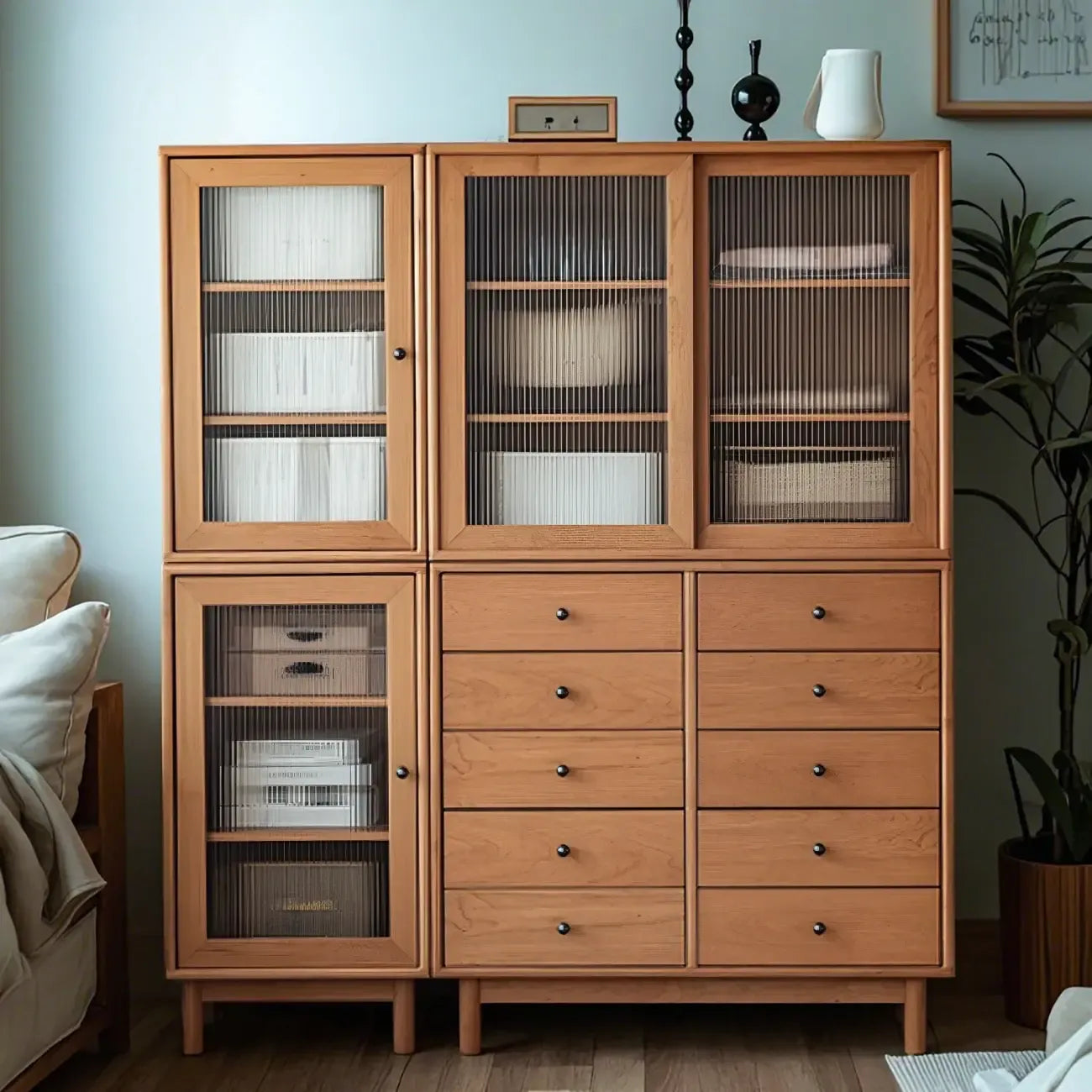 Scandinavian Natural Finish Cherry Wood Bachelor Chest with Shelves