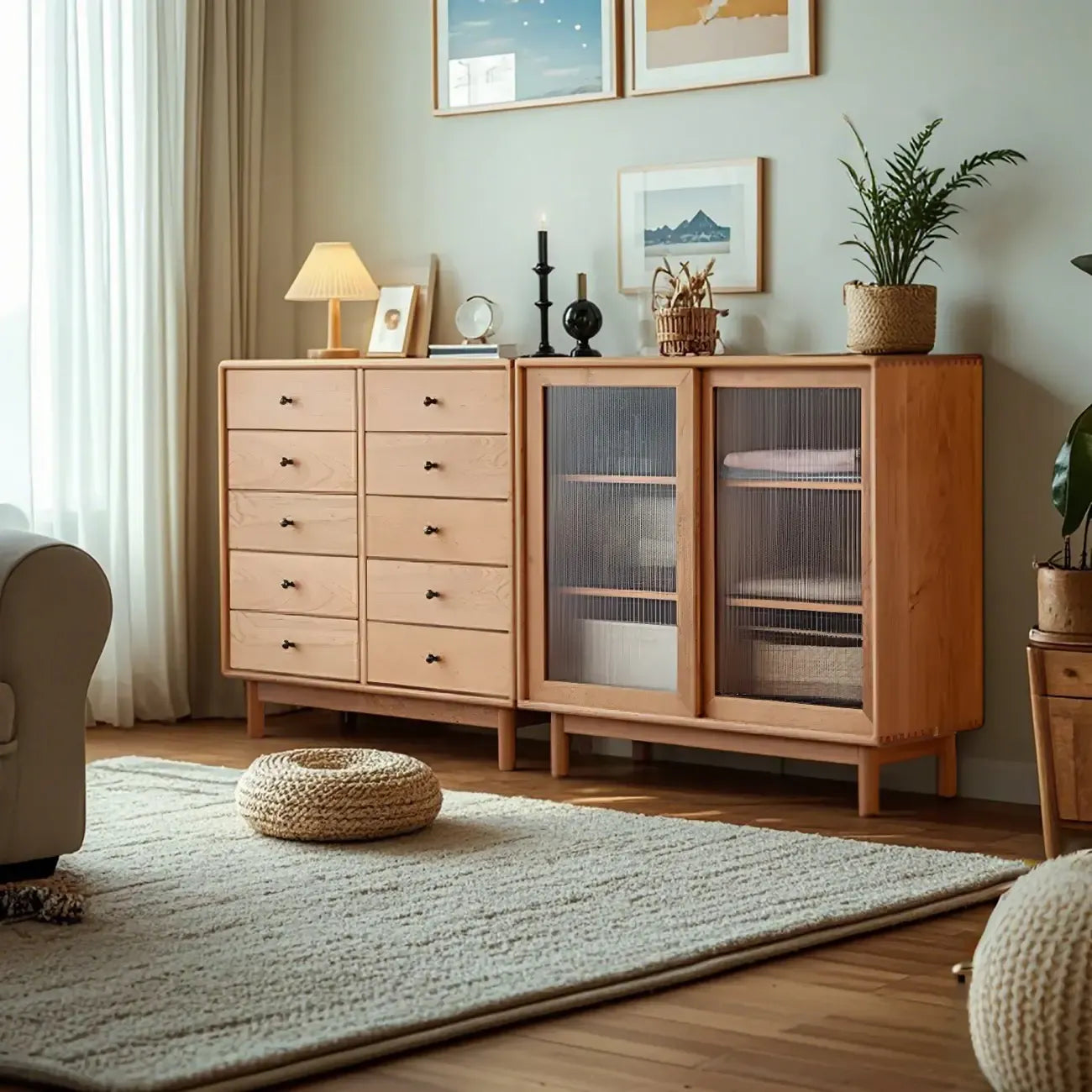 Scandinavian Natural Finish Cherry Wood Bachelor Chest with Shelves