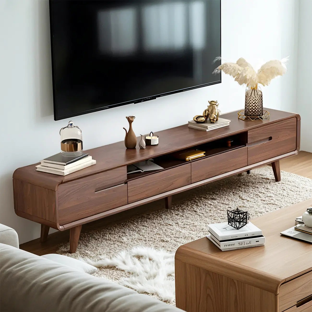 55 Brown Wood Adjustable Shelf TV Stand with Open Storage
