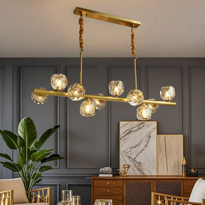 Large Linear Metal Crystal Gold Pendant Light for Kitchen