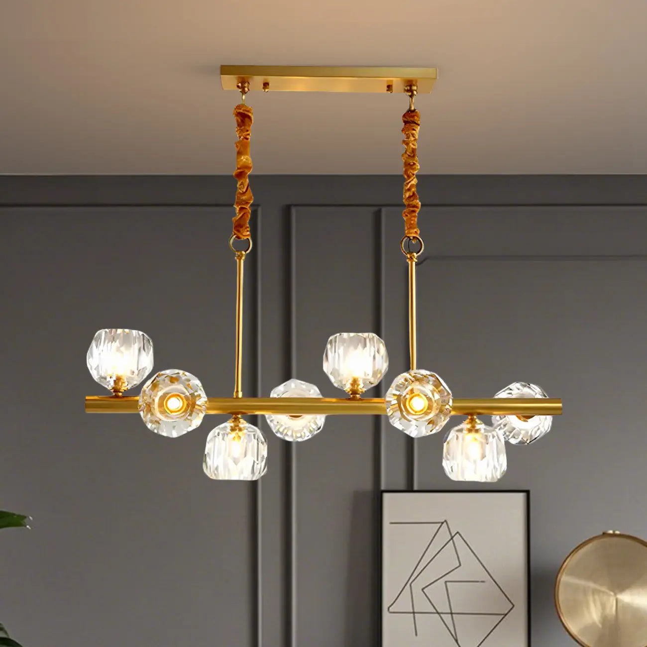 Large Linear Metal Crystal Gold Pendant Light for Kitchen