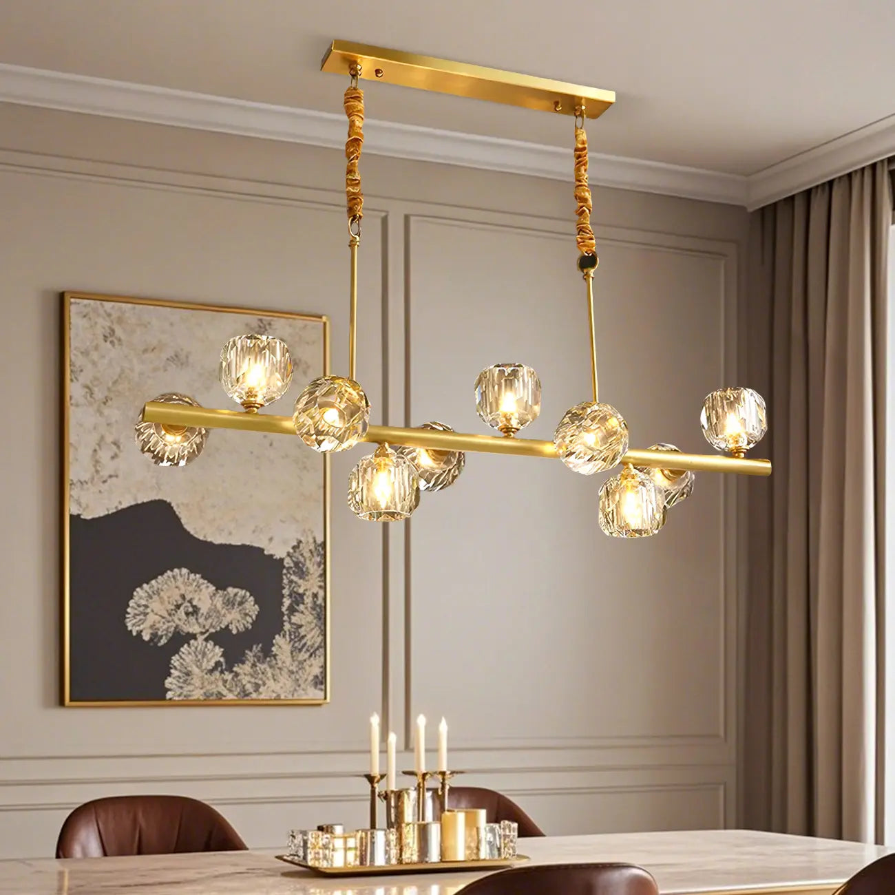 Large Linear Metal Crystal Gold Pendant Light for Kitchen