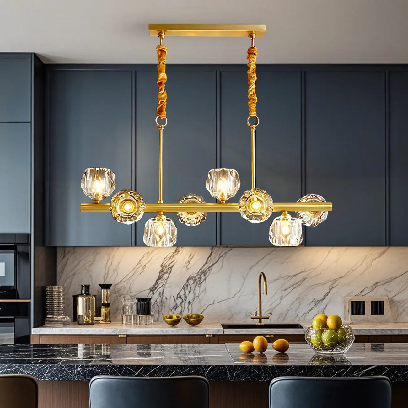 Large Linear Metal Crystal Gold Pendant Light for Kitchen