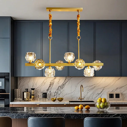 Large Linear Metal Crystal Gold Pendant Light for Kitchen