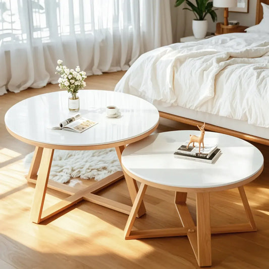 Modern Marble Round 2 Nesting Coffee Table Set with Wood Base