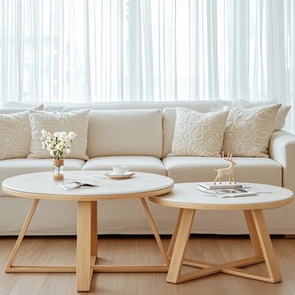 Modern Marble Round 2 Nesting Coffee Table Set with Wood Base