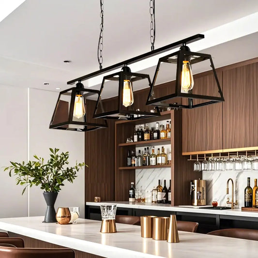 Industrial Black Metal 3-Light Pyramid Island Pendant Light
