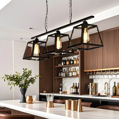 Industrial Black Metal 3-Light Pyramid Island Pendant Light