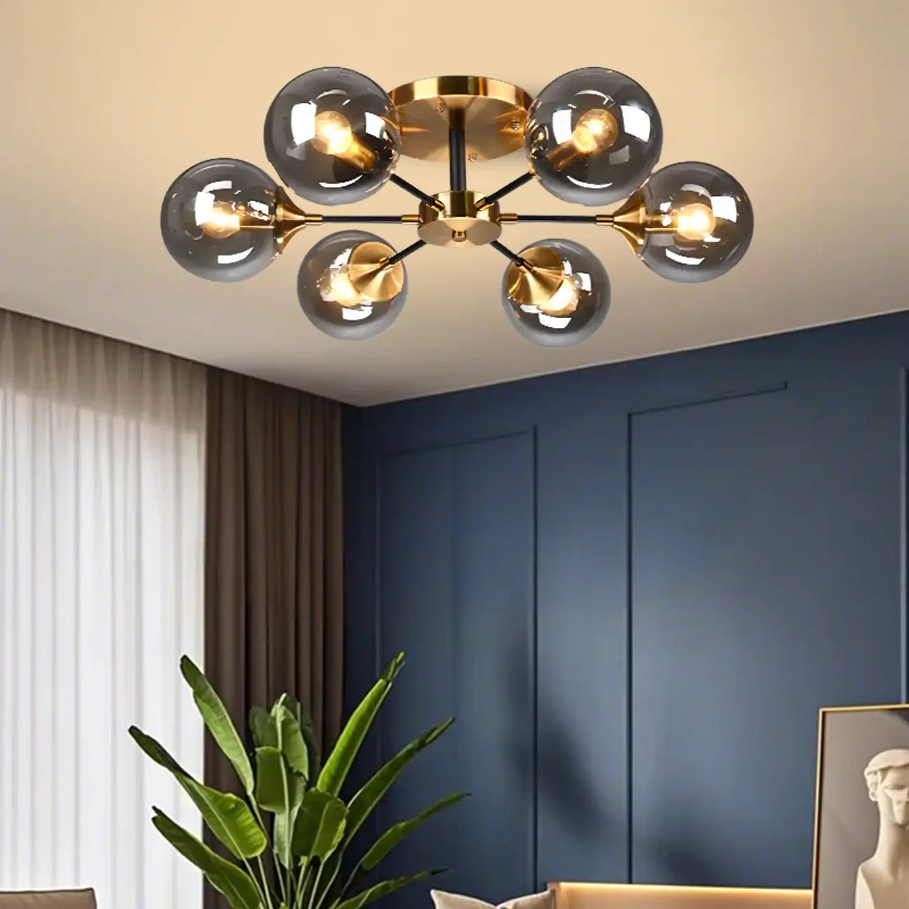 Large Smoke Grey Globe Glass Sputnik Semi Flush Ceiling Light